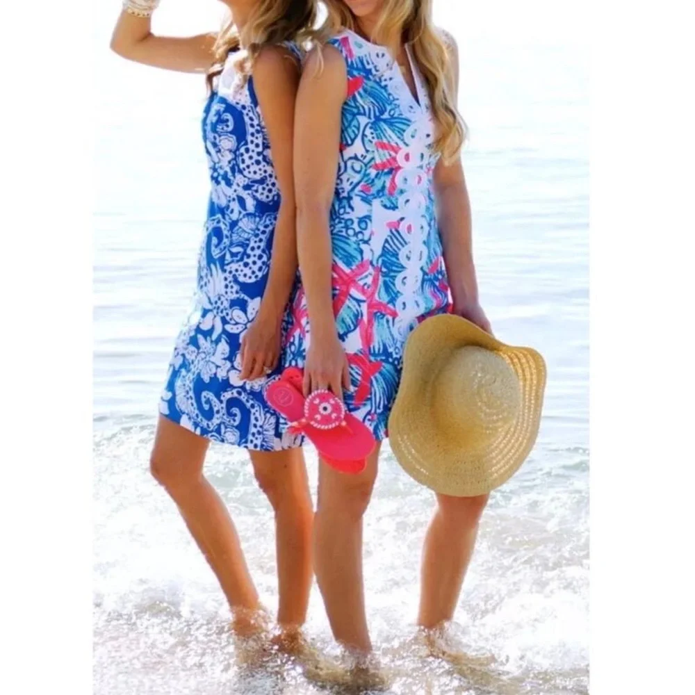 Excellent condition! Rare, Lilly Pulitzer Coral, Navy & Aqua Print Shift Dress - Picture 6 of 8